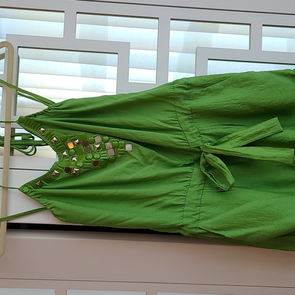 BCBG green romper embellished halter linen